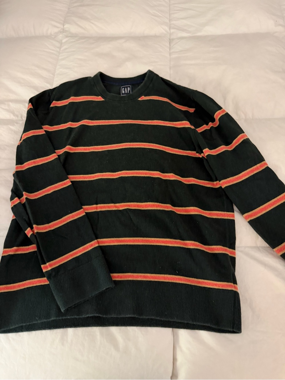 GAP Black Crewneck Sweater with Orange and Tan Stripes